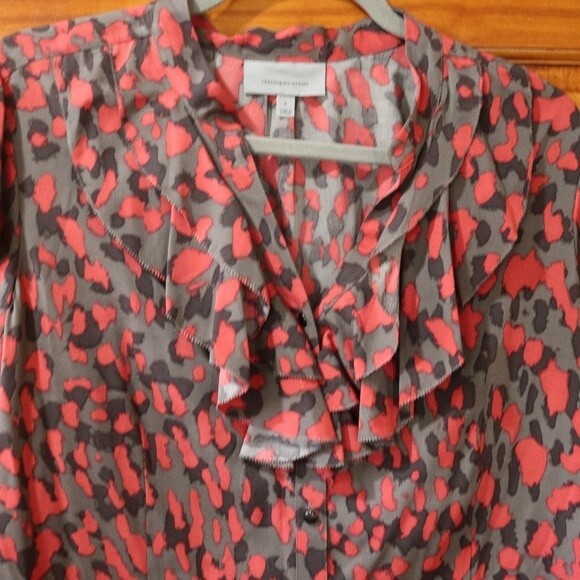 Classiques Entier Coral Print Animal  Print Button Up Ruffle Blouse LG Silk - Picture 3 of 12